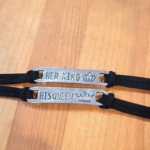 Couples bracelets Her King His Queen metal hand stamped black adjustable